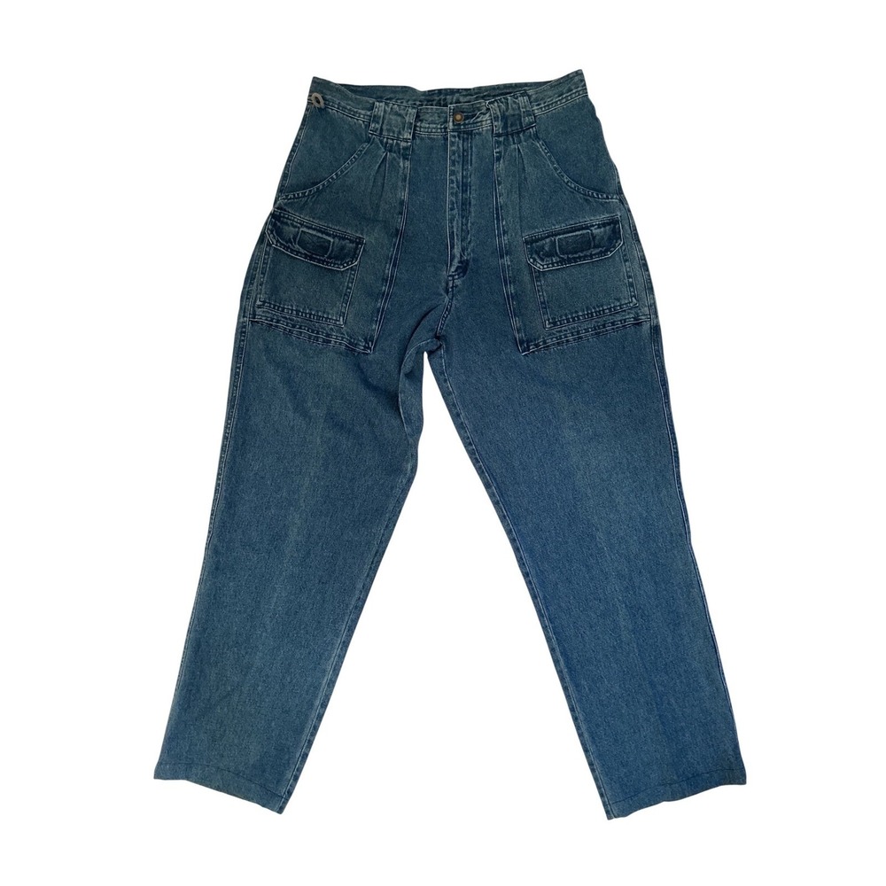 RW Rugged Vintage Mens Blue Denim Cargo Pants Pleated Relaxed Fit 36x32 Utility
